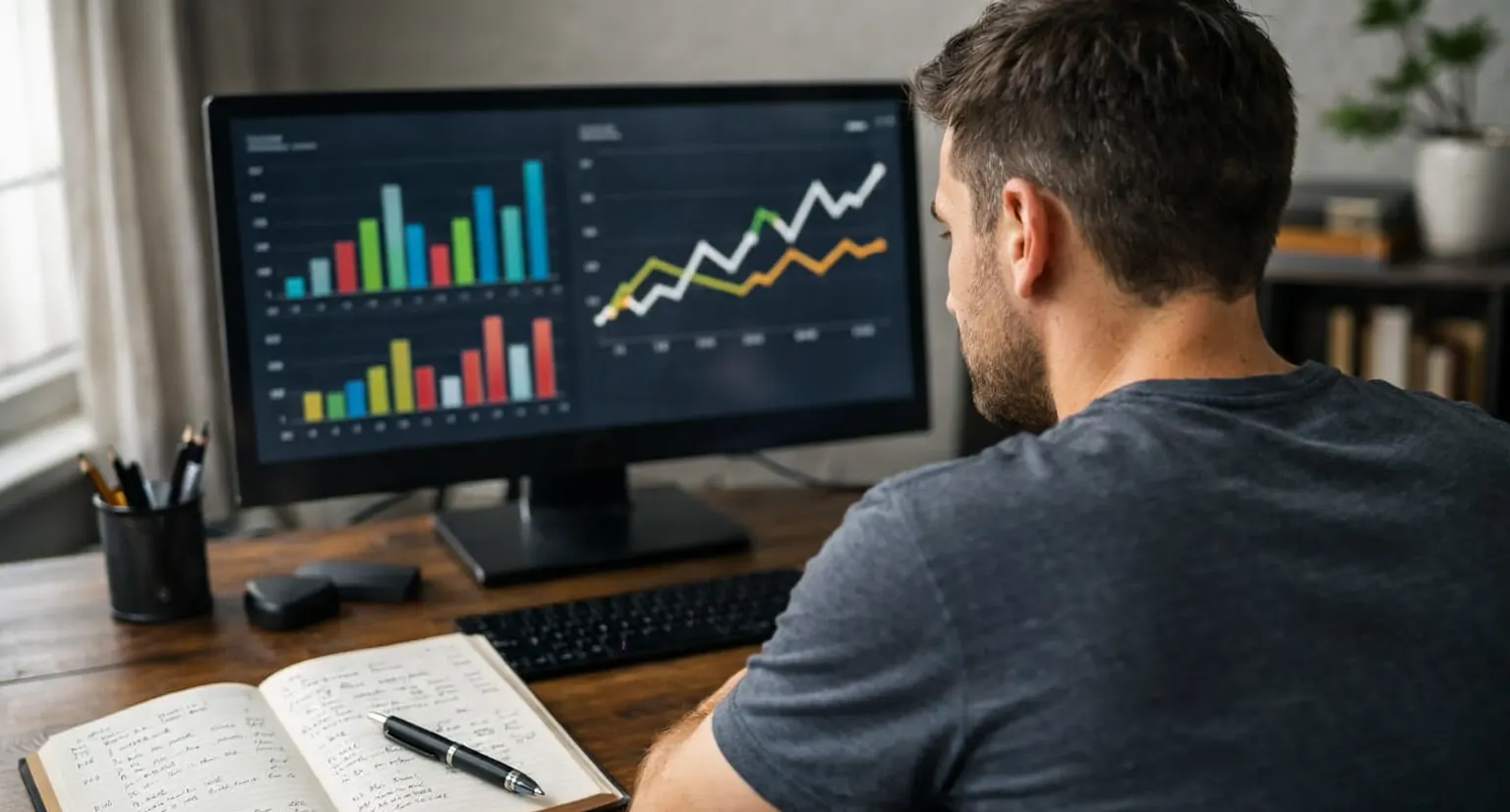 Parieur analysant les statistiques d'un match de tennis sur un écran d'ordinateur