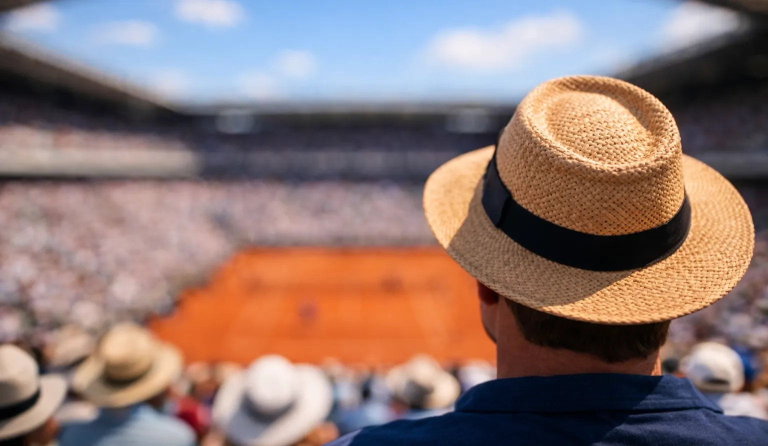Stade de tennis lors d'un tournoi du Grand Chelem avec tribunes remplies de spectateurs