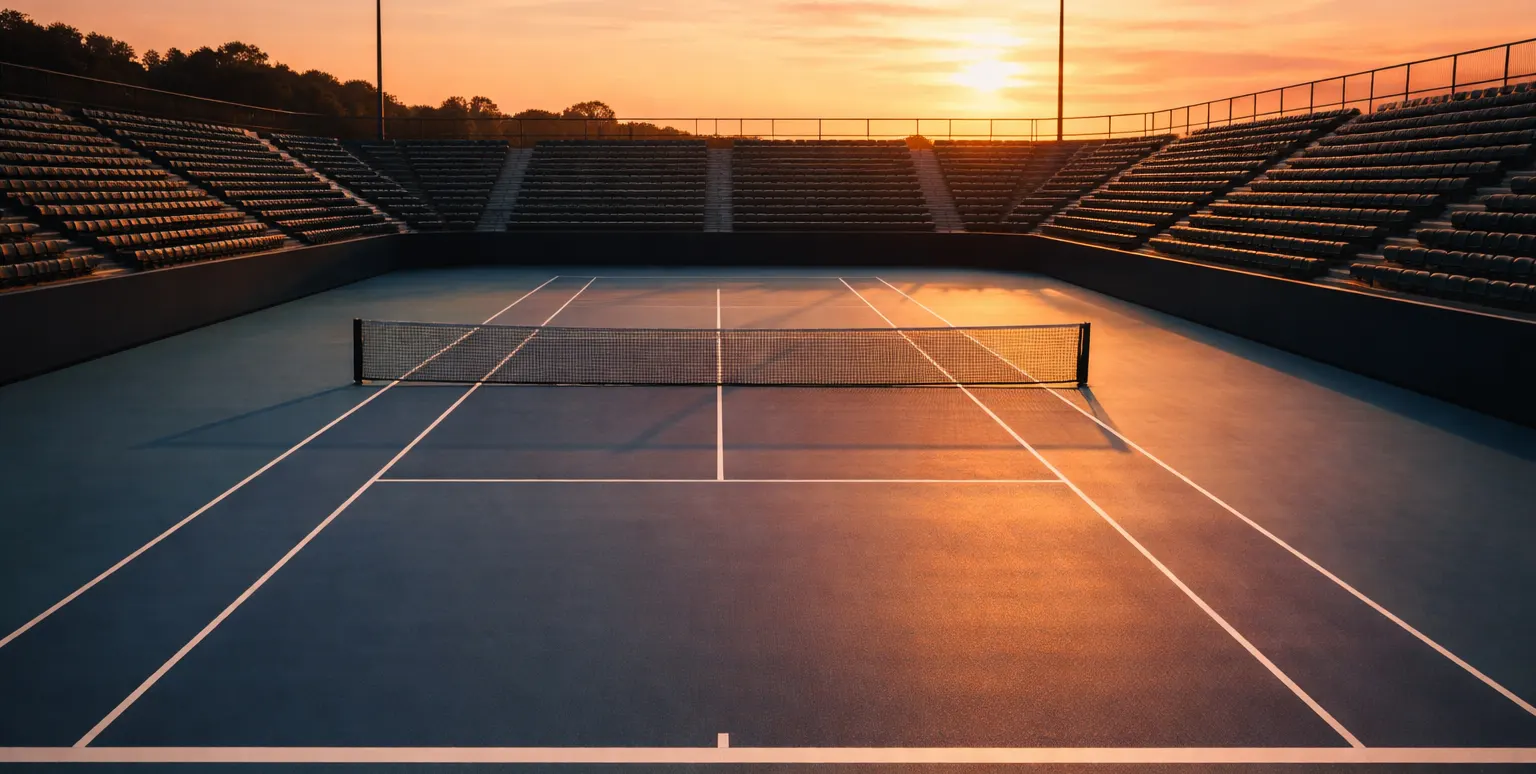 Court de tennis éclairé au coucher du soleil avec vue panoramique sur les tribunes