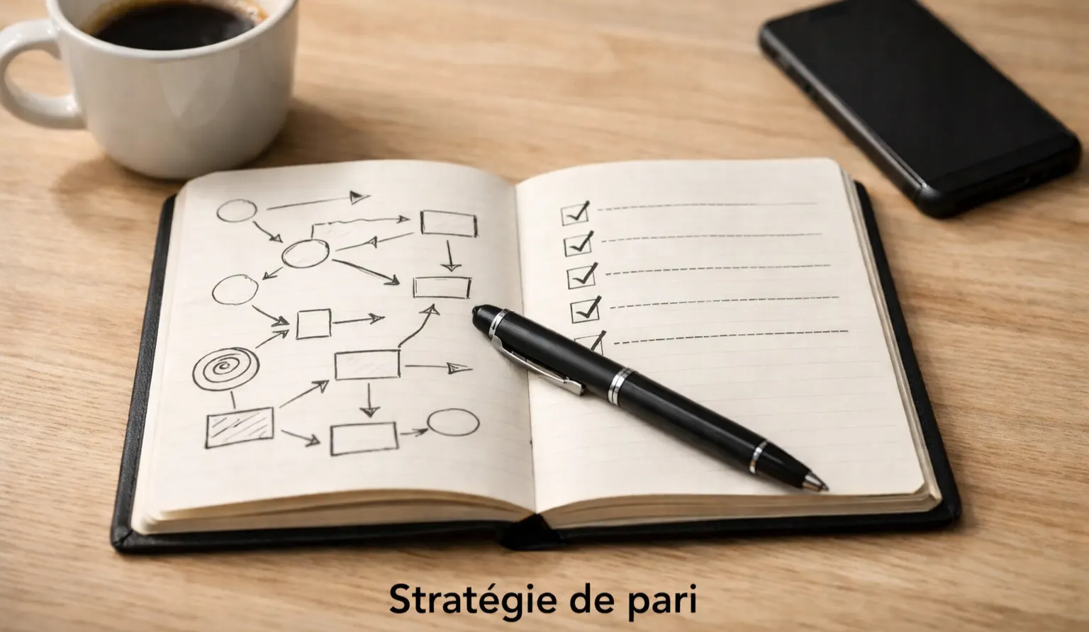Carnet de notes avec stratégies de paris tennis et stylo posé sur une table
