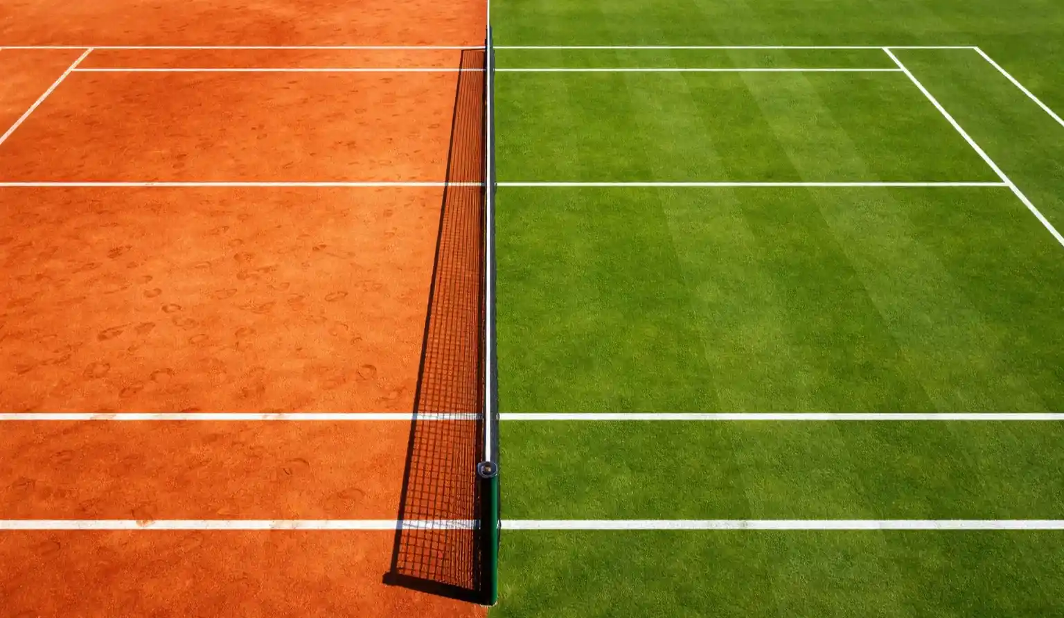 Vue partagée d'un court de tennis sur terre battue et d'un court sur gazon